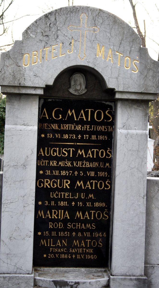 Nadgrobni natpis na obiteljskom grobu Antuna Gustava Matoša na Mirogoju
