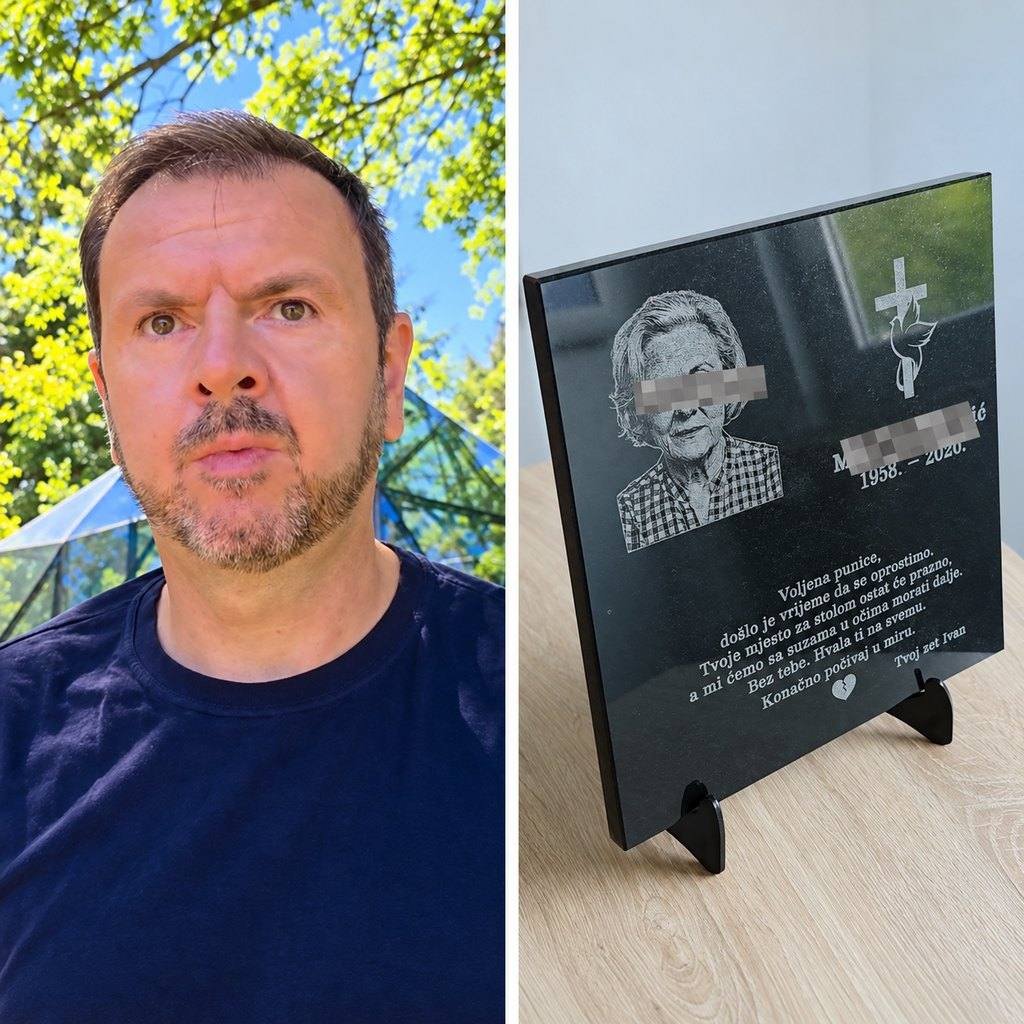 Damir i granitna ploča sa zamagljenim osobnim podacima; kompozicija prilagođena AI-jem